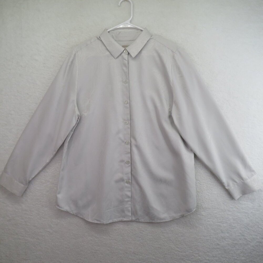 Chicos Shirt Womens Large Gray Blouse Long Sleeve Button Front Damask Design‎